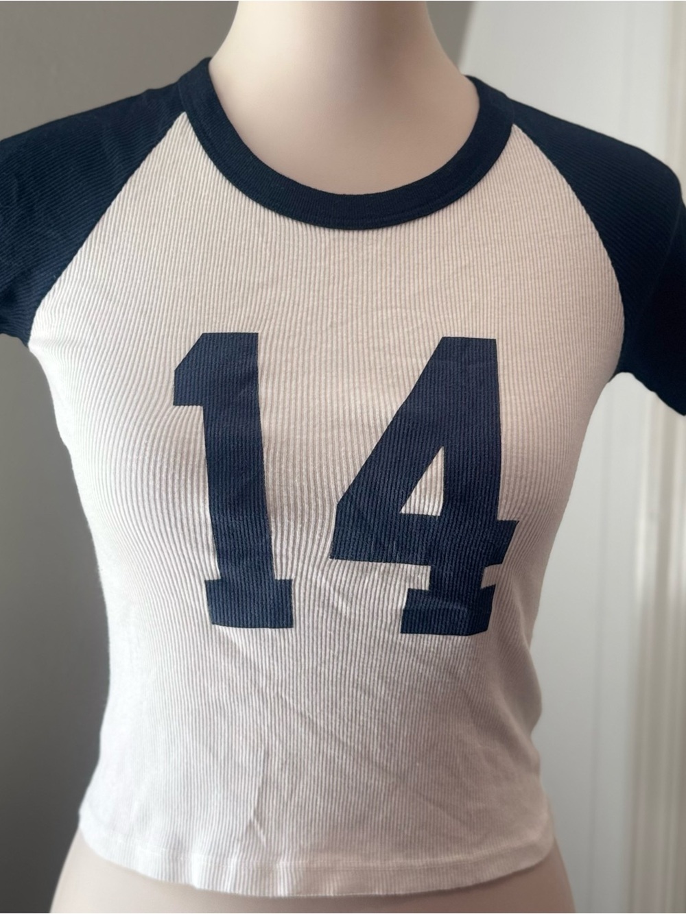 John Galt Brandy Melville White Navy #14 Ribbed Baseball Crop Tee | One Size